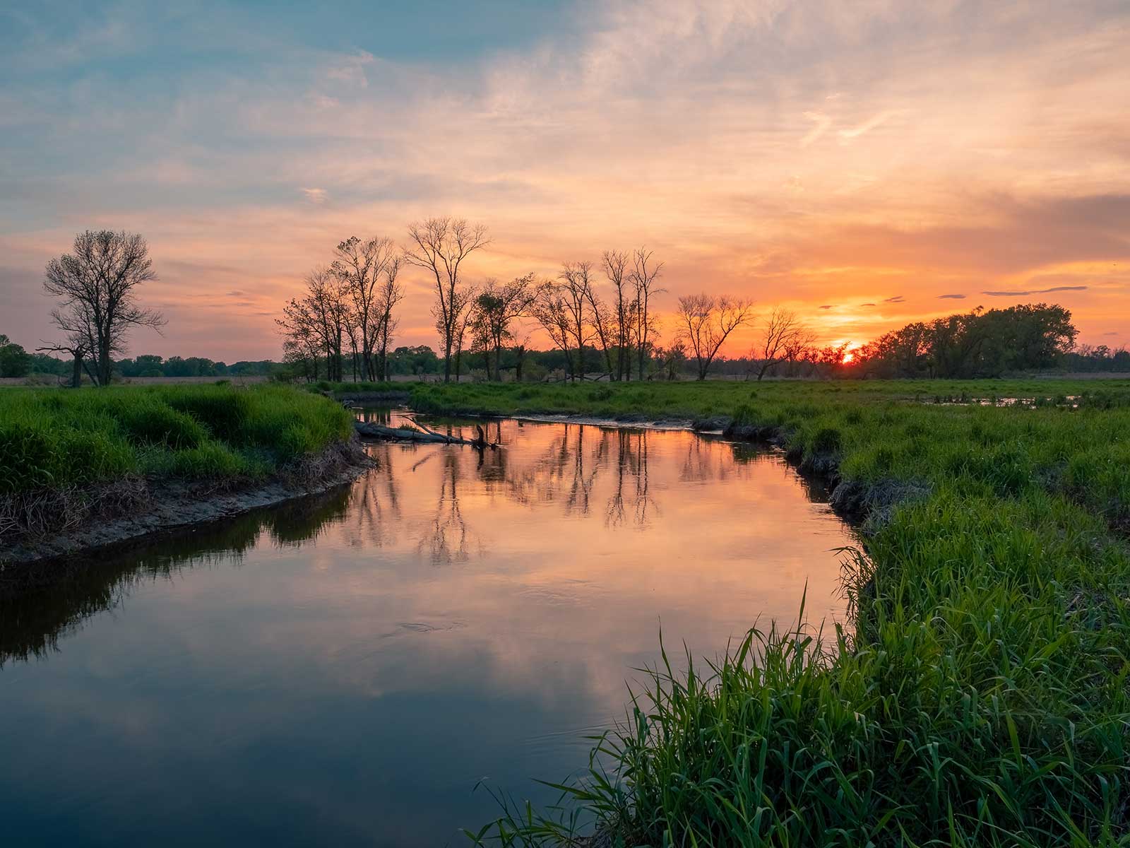 A sunset over a small stream with lush green surrondings