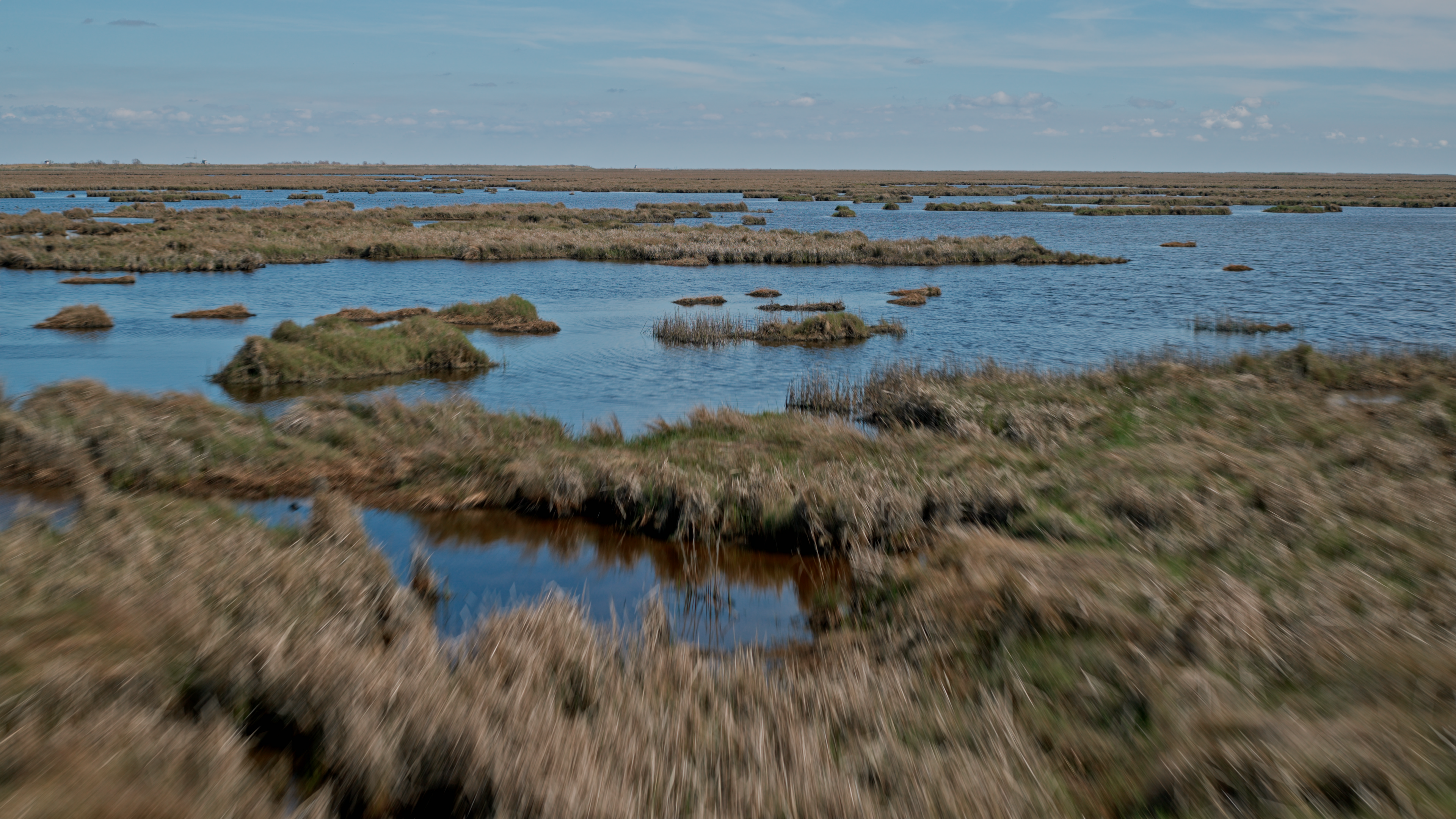 Wetland landscape with scattered water pools and paved road crossing marshy terrain, wind turbine visible in distance